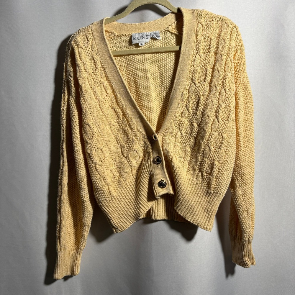 VTG Russ Yellow Cable Knit Crop Cardigan Cotton Ramie Romantic Cottage‎ Casual L